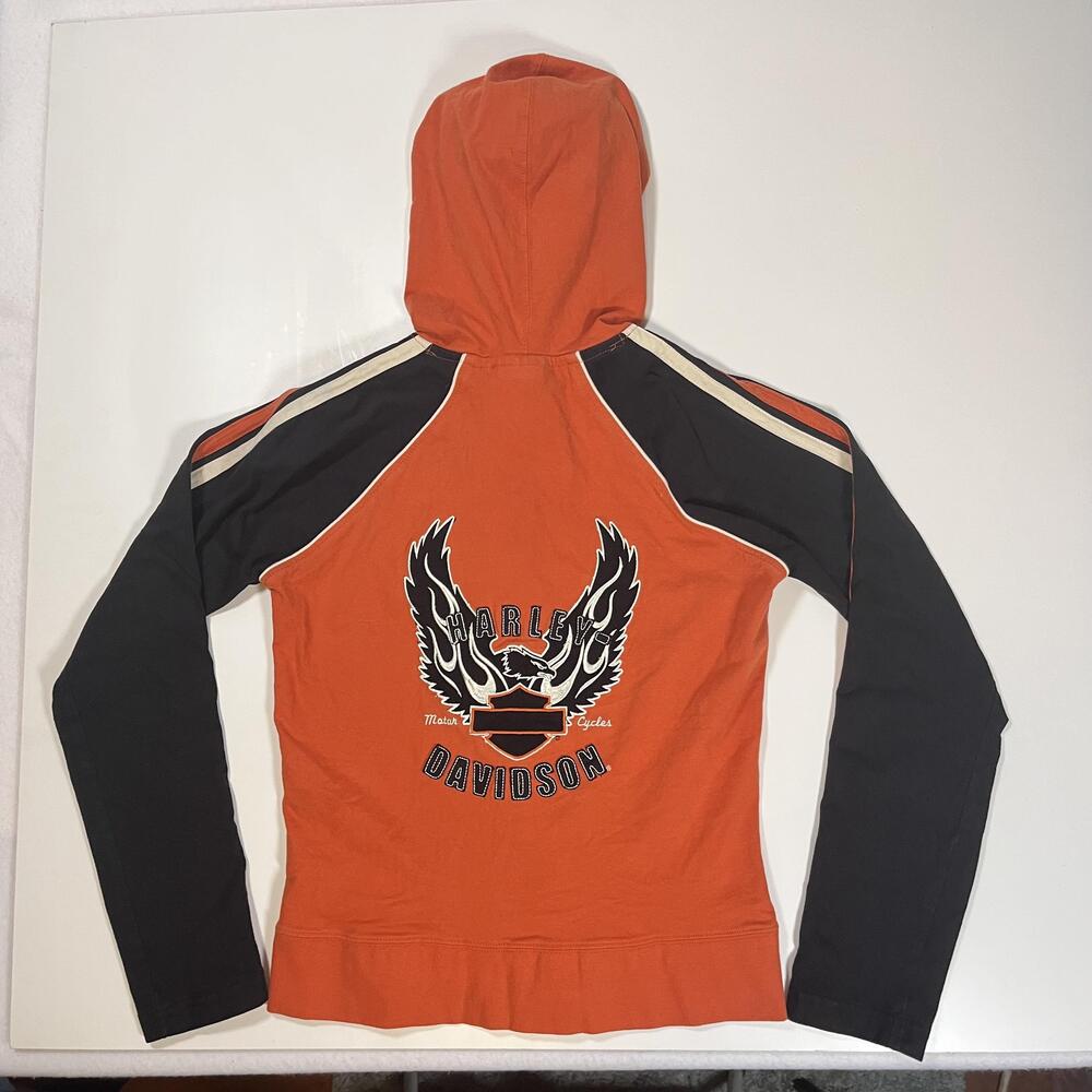 Harley Davidson Hoodie Womens Small Orange Black Zip Up Eagle Wings Embroidered
